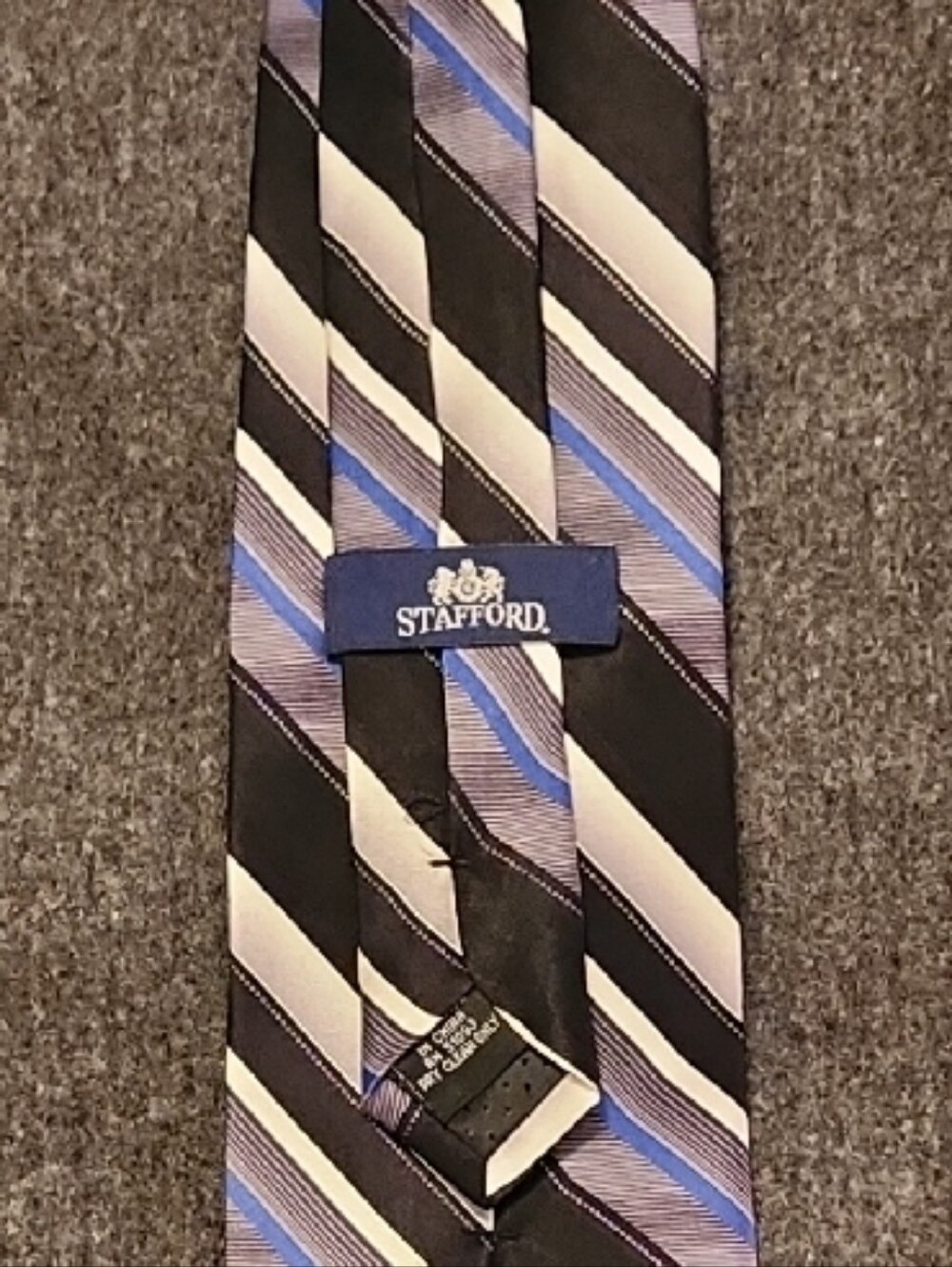 VINTAGE Stafford Black, Blue & White Diagonal Stripe Silk Tie CLIP ON.